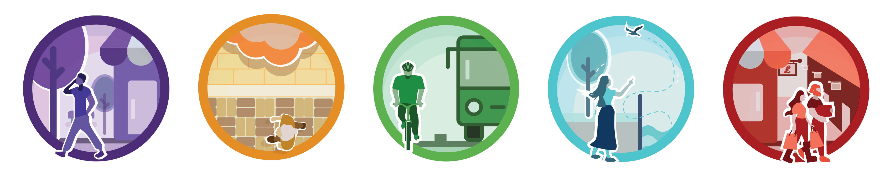 5 circle infographics in different colours referencing the 5 virtues