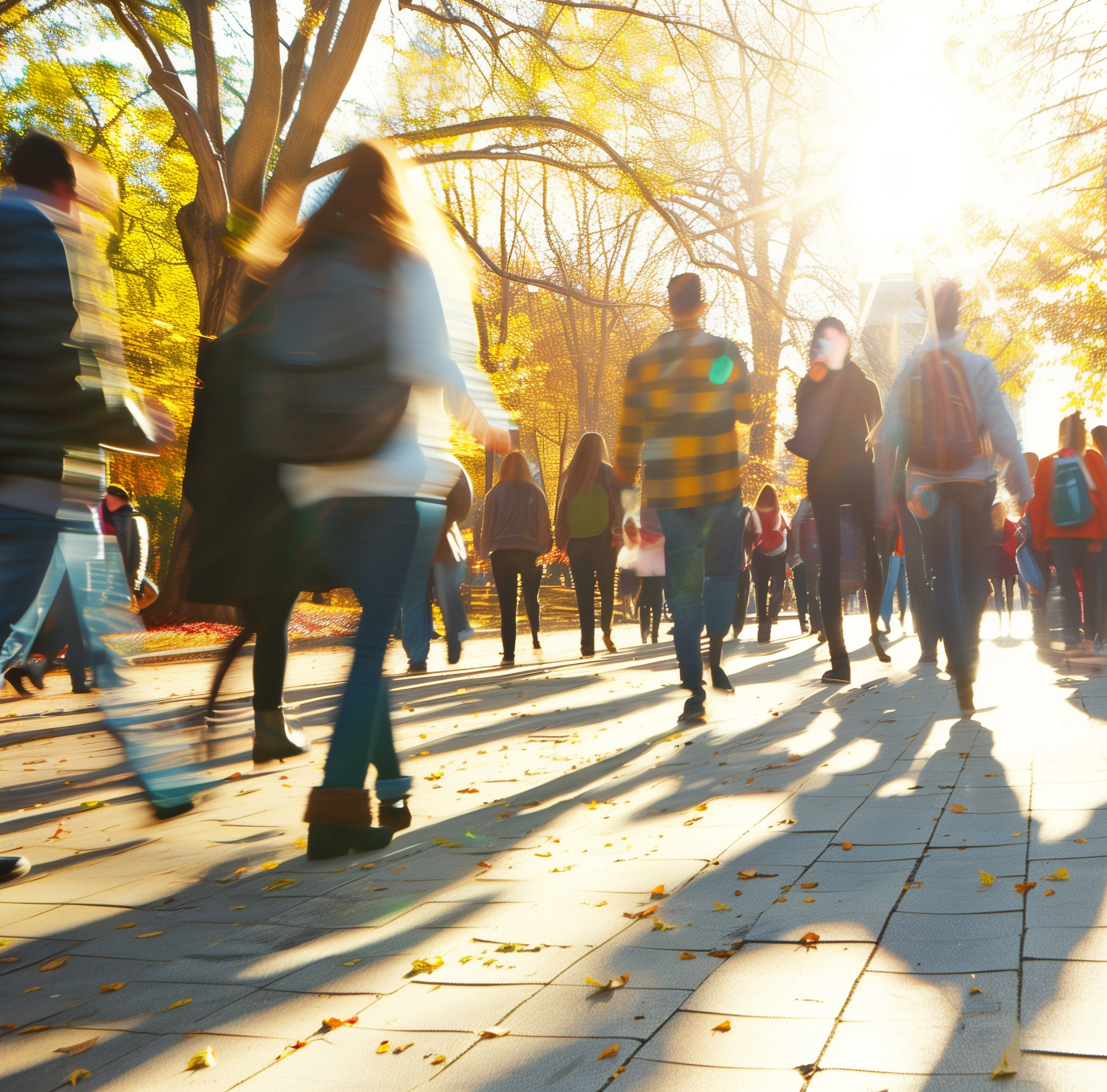 People walking on a tree-lined street