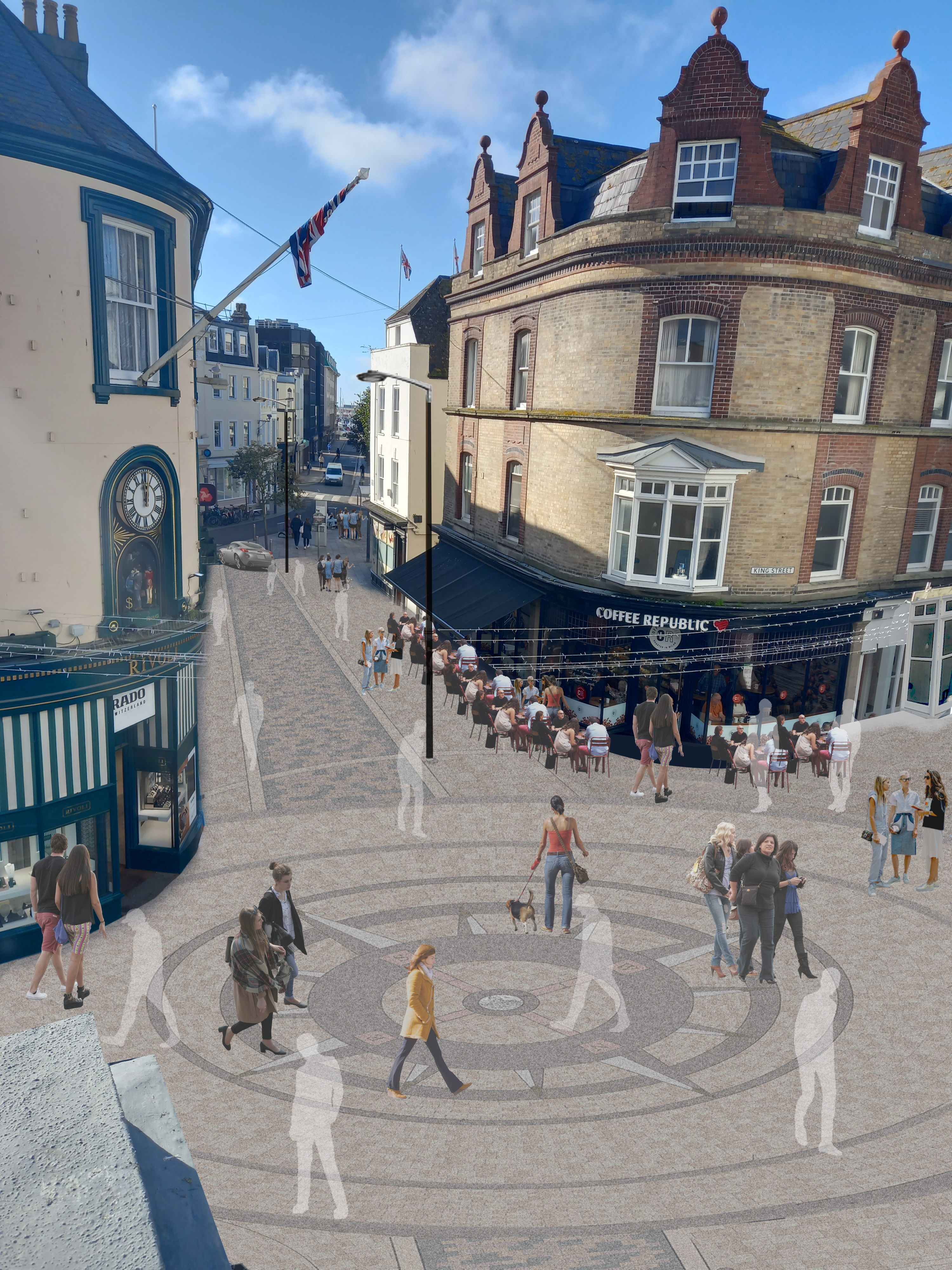 Artist impression of New Street and King Street showing pedestrians walking over a circular paved area